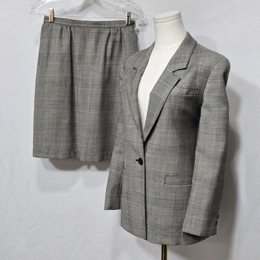 Vintage Pendleton Skirt Suit Set Womens 8‎ Petite Gray Glen Plaid Made USA 90s